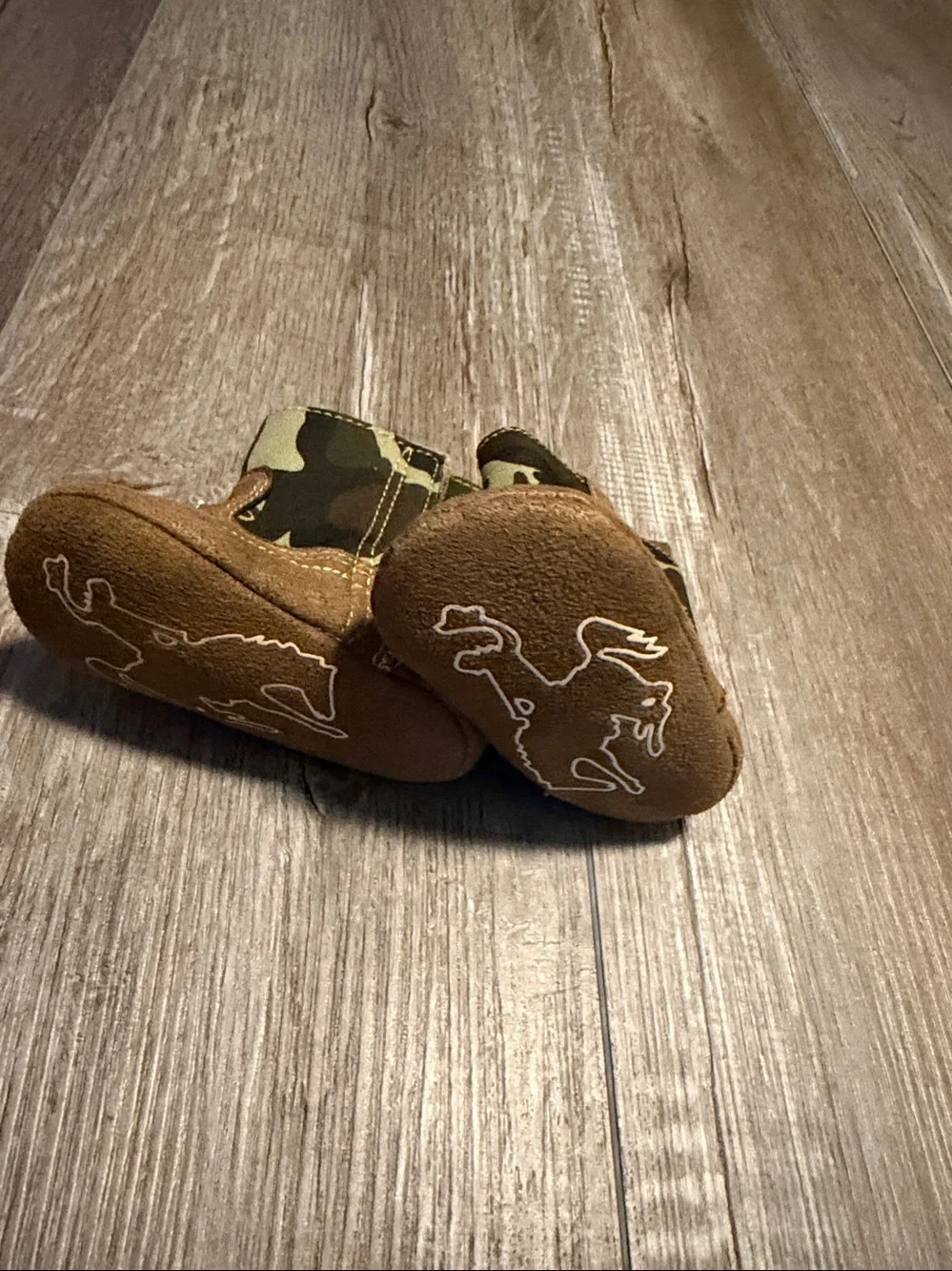 Rising Star infant camo and tan suede soft-sole cowboy booties